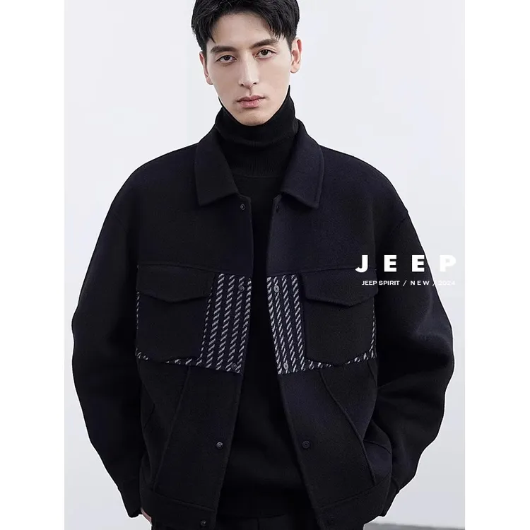 JEEPSPIRIT拼接双面呢男士夹克秋冬季高级感韩版翻领加厚羊毛外套