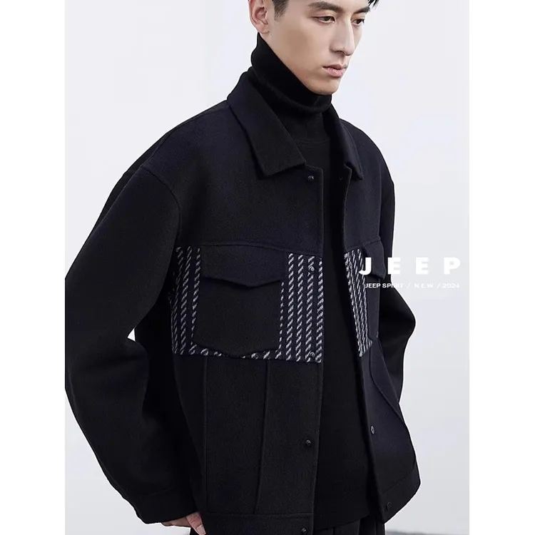轻熟风拼接双面羊毛夹克外套男装高端短款秋冬季加厚休闲呢子上衣