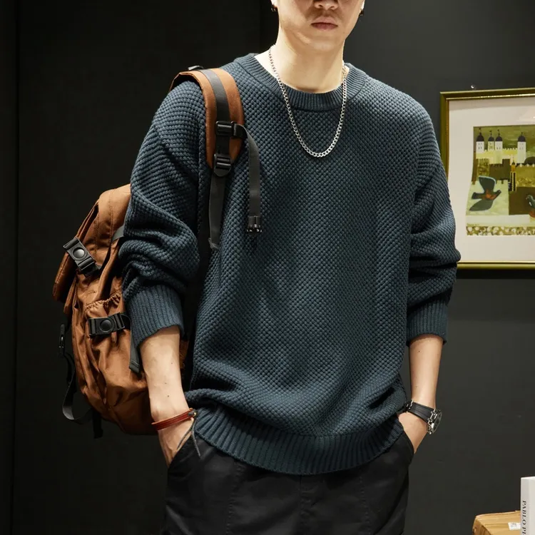 美式复古重磅圆领毛衣男士秋冬季新款潮流宽松百搭菠萝纹针织衫男