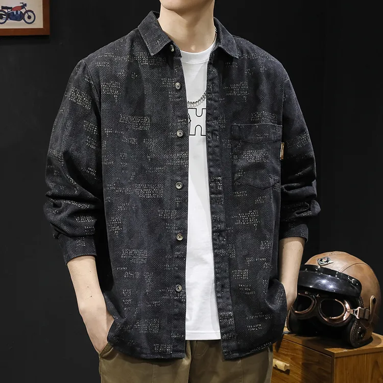 美式复古长袖衬衫男帅气潮牌宽松大码衬衣水洗百搭印花休闲外套
