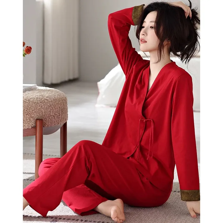 本命年正红色长袖V领新中式国风睡衣女可外穿结婚家居服套装 
