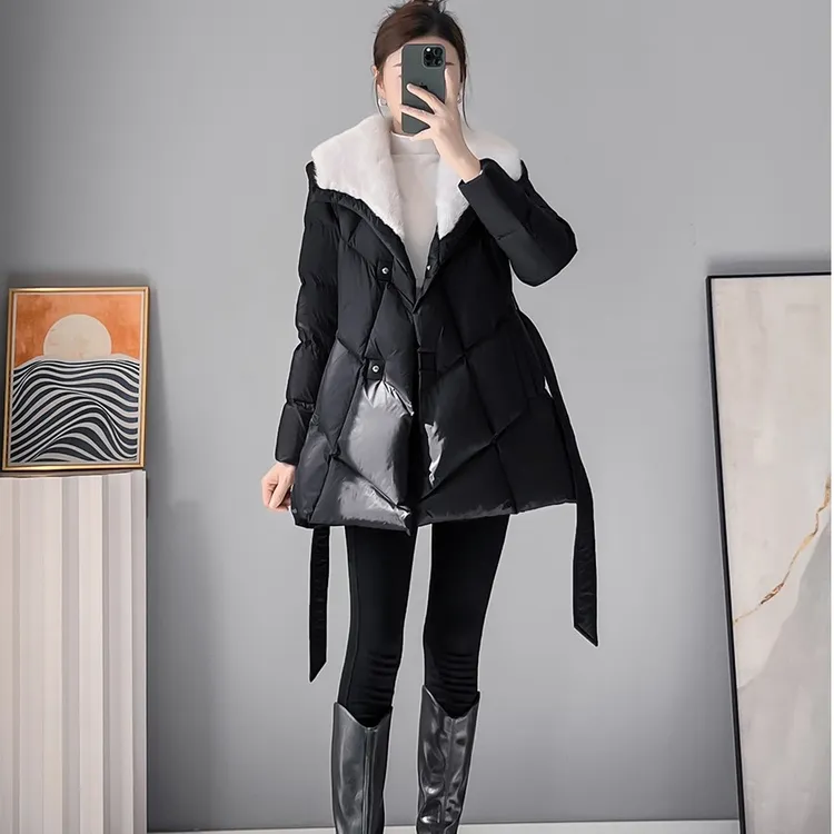 秋冬大衣2024新款绑带收腰棉服外套女韩版宽松领高级感中款棉衣