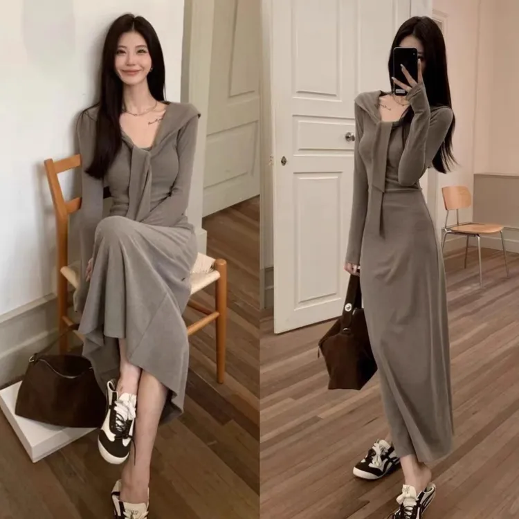 早秋新款时尚显瘦高腰收腰针织秋季设计感法式气质长裙