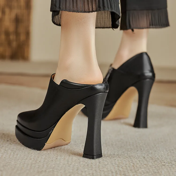 11.5cm尖头粗跟单鞋女真皮深口防水台小个子增高气质超高跟鞋新款