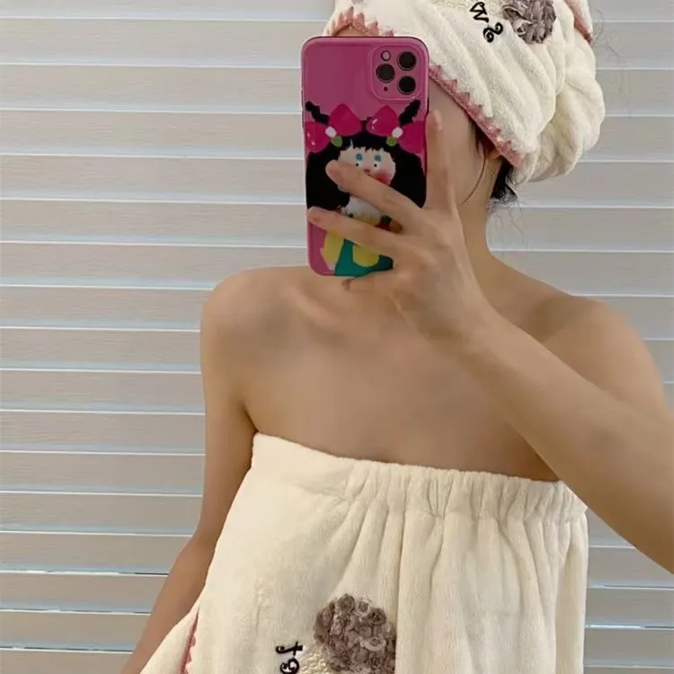 刺绣冰激凌抹胸浴巾可穿成人洗澡速干家用浴袍加厚吸水可爱学生裙