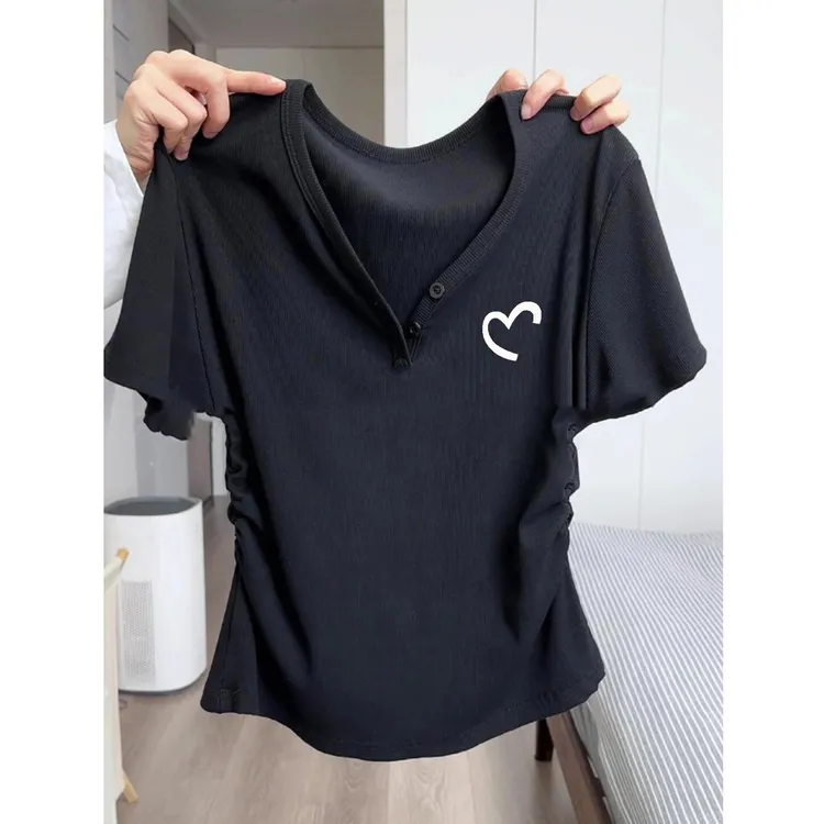 黑色t恤女短袖百搭棉v领2024夏修身显瘦简约舒适半袖打底衫上衣