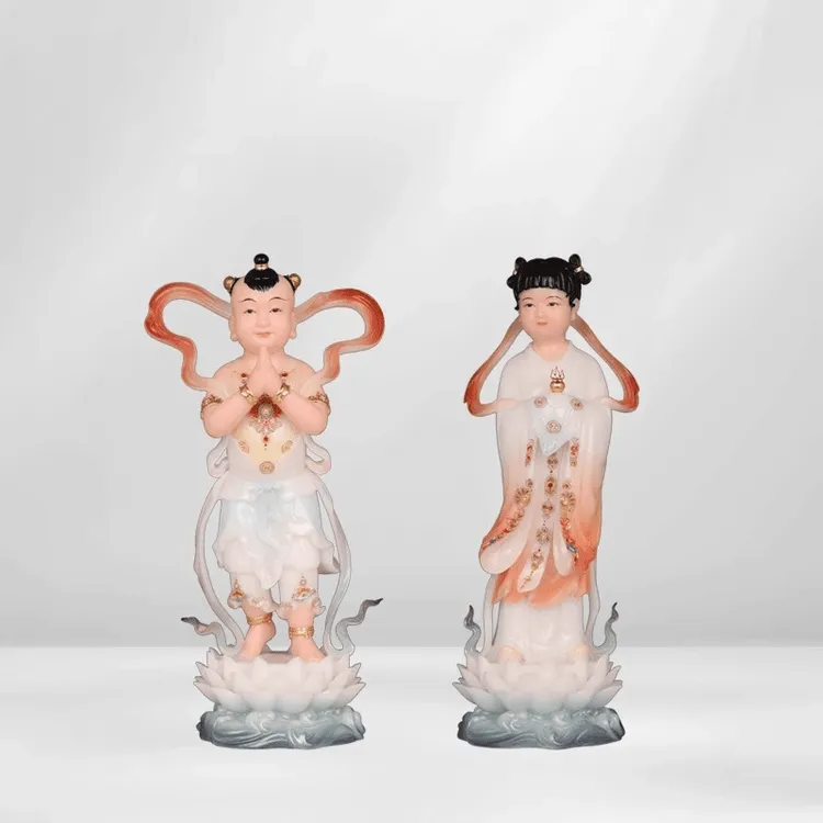 汉白玉彩釉善财童子龙女南海观世音随从金童玉女站像家用桌面摆件