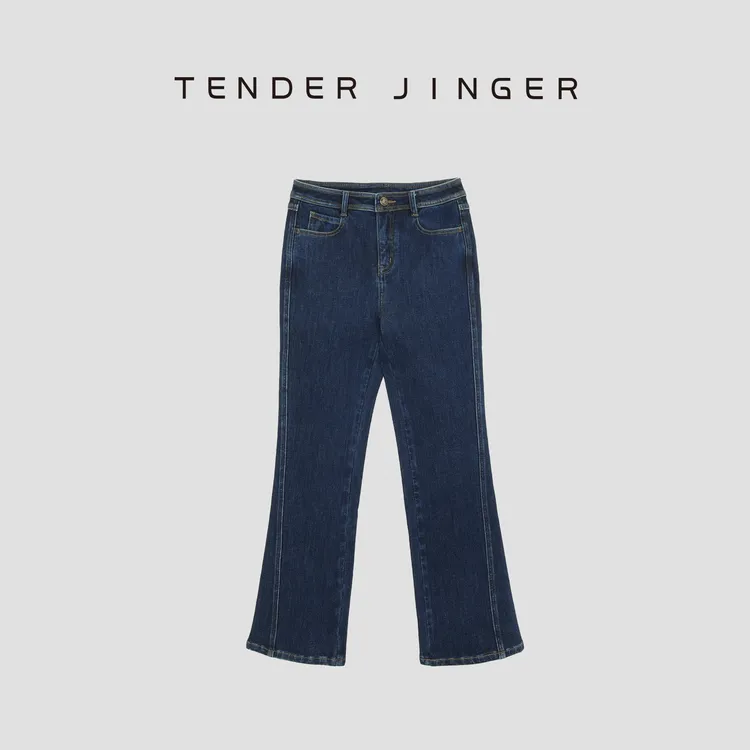 Tender Jinger【黑标】女保暖四面弹底抓绒蓝色微喇牛仔裤T51RM111R
