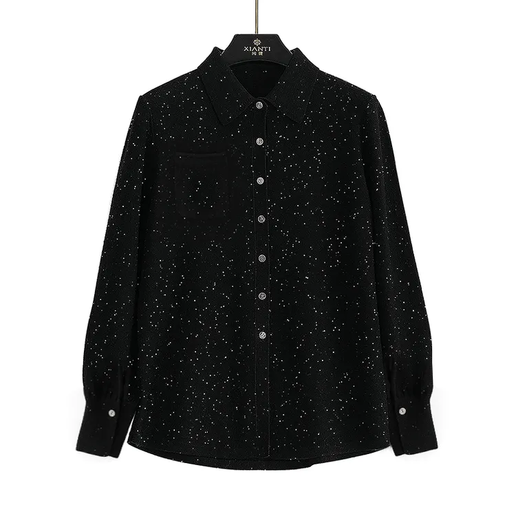 【轻奢-双股加厚】气质翻领衬衫女黑色星空法式衬衣女秋冬2517129