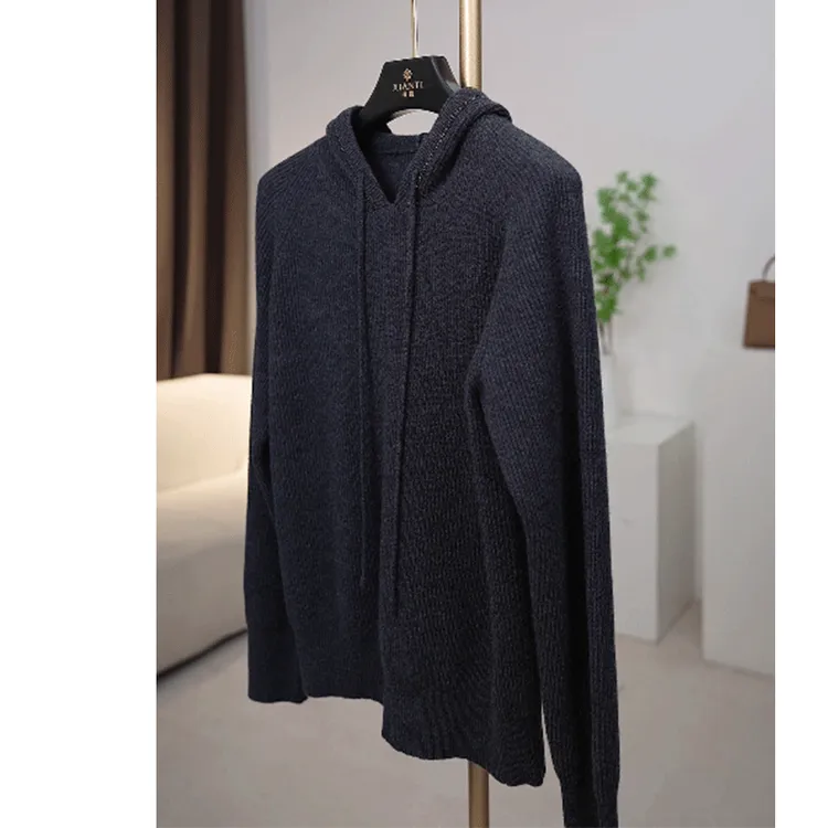 【轻奢-高货】加厚纯羊毛连帽女时尚灰色带帽长袖针织衫-2408135