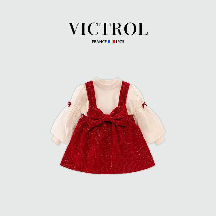 法国VICTROL儿童装女童套装宝宝生日服洋气春秋1周岁礼服连衣裙子