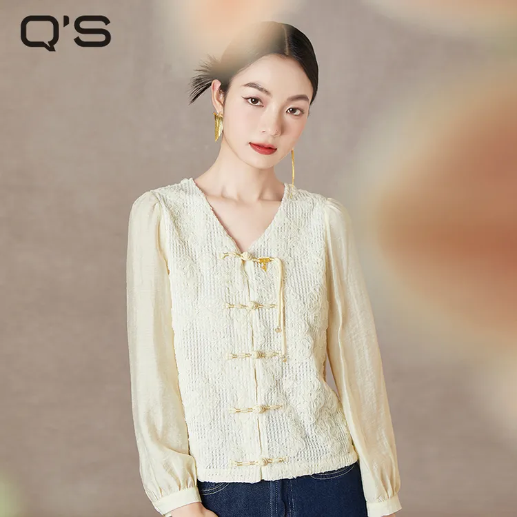 秸熙秋季新款复古改良轻国风衬衫立体盘花温柔气质短上衣4XA589