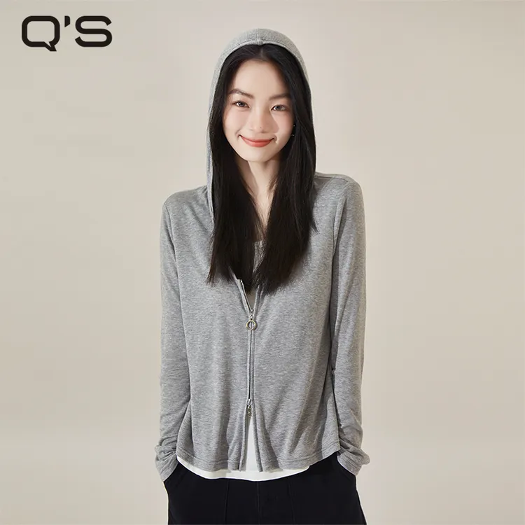 秸熙秋季新款连帽T恤撞色假两件长袖短款针织衫上衣女外套4XA791