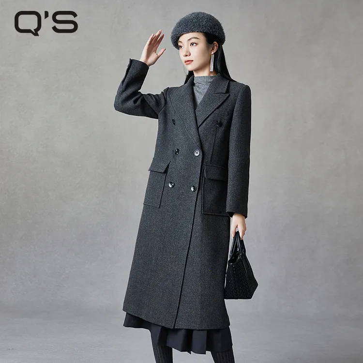 秸熙冬季新款简约通勤气质毛呢大衣长款西服翻领绵羊毛外套3XD1B8