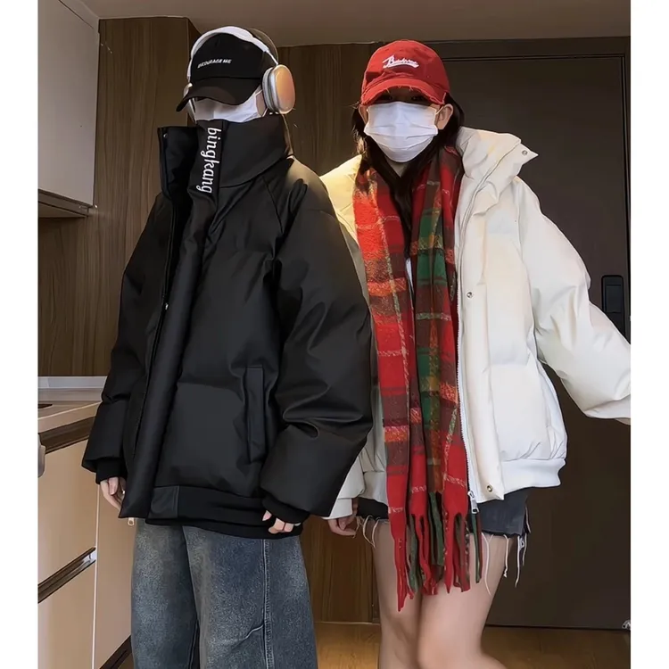 冬季立领加厚防风防水刺绣PU皮棉衣男宽松保暖冬装棉服情侣美式潮