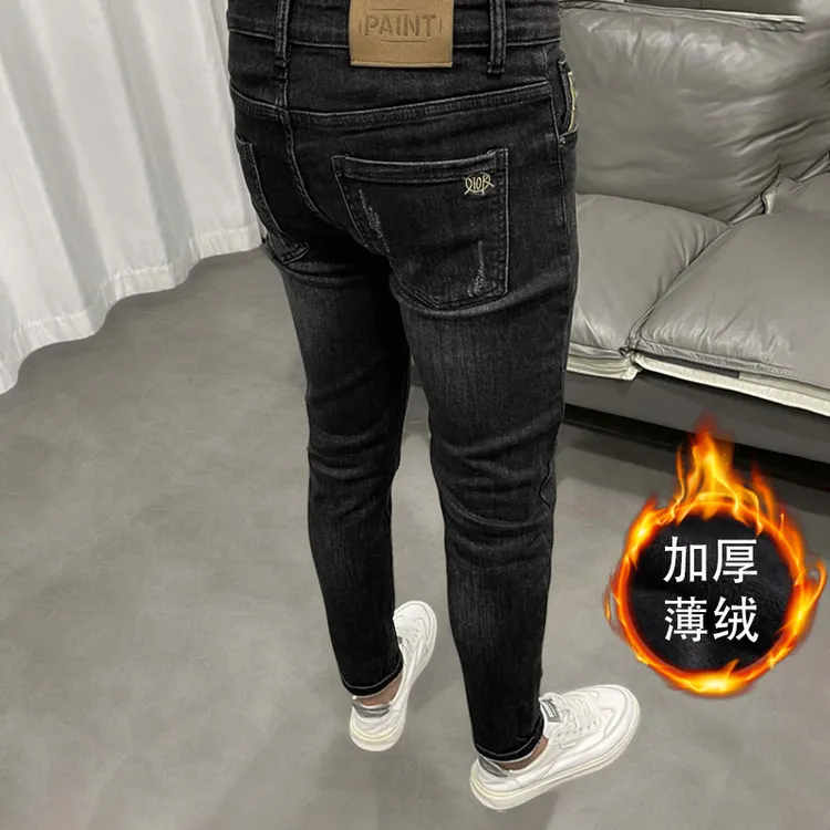 冬季加厚薄绒九分男士牛仔裤韩版潮流黑色修身小脚弹力百搭长裤子