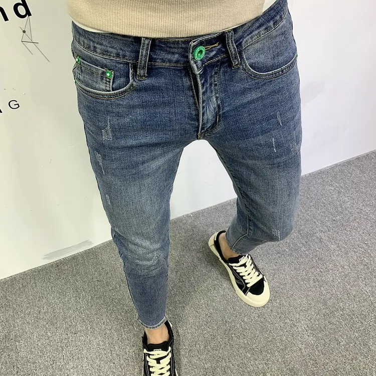 新款流行男士牛仔裤韩版潮流水洗蓝色修身小脚弹力百搭九分长裤子