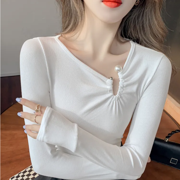 秋季辣妹百搭长袖t恤休闲气质不规则设计修身显瘦锁骨打底上衣女
