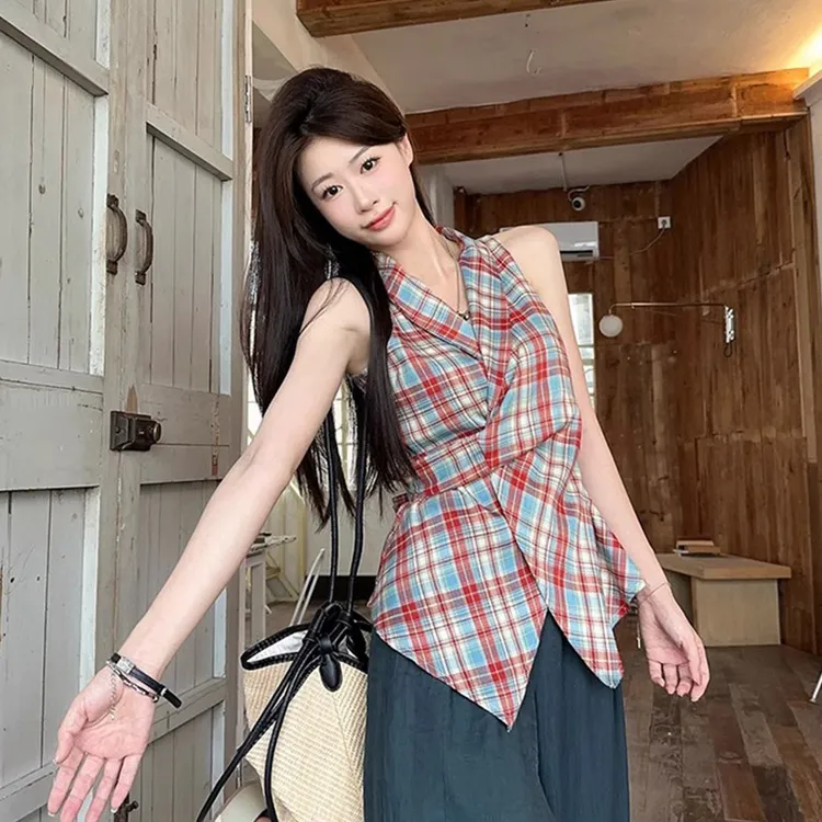 格纹V领吊带背心新款甜辣风休闲百搭ins蝴蝶结收腰修身显瘦上衣女
