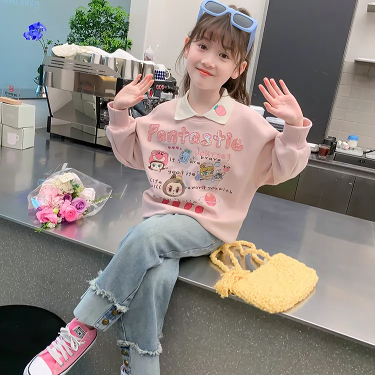 儿童卫衣长袖2025新款春秋翻领刺绣中大童韩版洋气女童秋装上衣潮