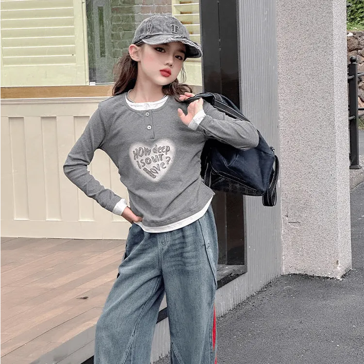 女童t恤长袖春秋款2025新款网红洋气儿童中大童打底衫春装上衣潮