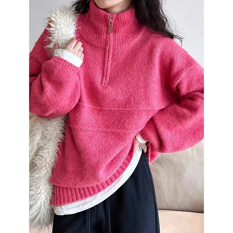 墙裂推荐树莓粉半高领拉链款网红洋气针织慵懒风秋冬韩版高领毛