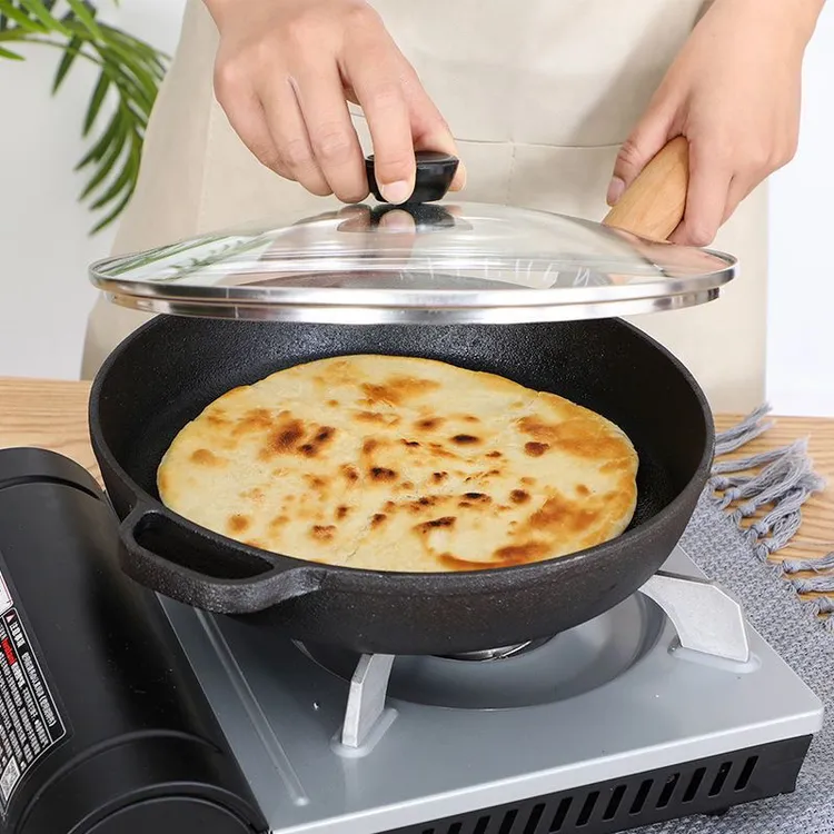 铸铁无涂层平底煎锅烙饼加厚生铁家用煎鸡蛋牛排锅生煎炒菜煎锅