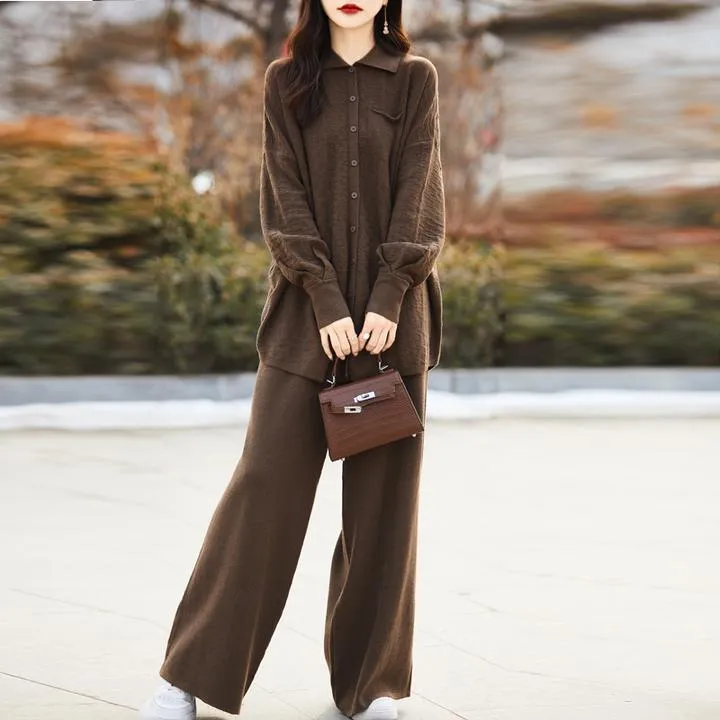 秋冬新款套装Polo领羊毛衬衫女阔腿裤两件套针织开衫拖地裤女气质