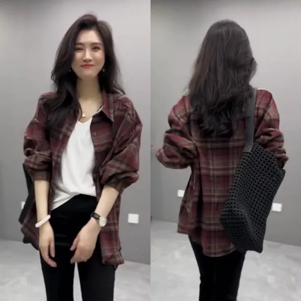 5268秋季2025新款长袖格子衬衣外套女宽松显瘦慵懒风开衫磨毛上衣