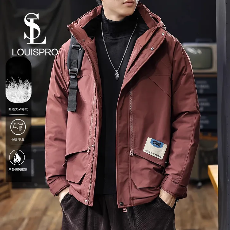 Louispro 冬季新款连帽工装羽绒服男短款宽松加厚鸭绒夹克外套