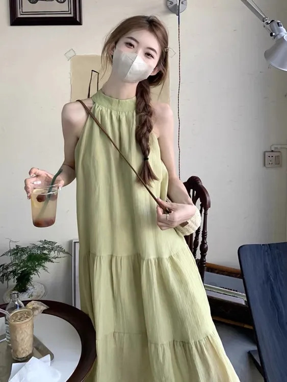 韩版挂脖宽松连衣裙  夏季时尚气质小个子显瘦无袖女装连衣裙