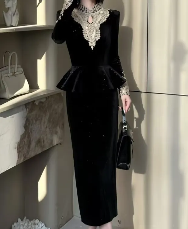 连衣裙礼服显瘦气质轻奢时尚名媛秋冬蕾丝小香风长袖网红黑色修身