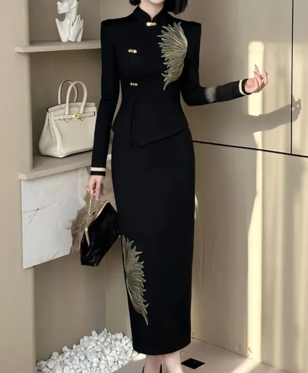 国风新中式女装套装显瘦气质时尚修身包臀长袖网红轻奢女神两件套