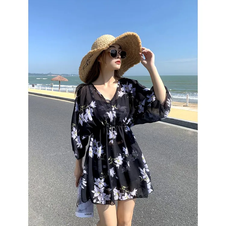 大码泳衣女胖mm200斤遮肚显瘦泡温泉分体三件套大胸聚拢宽松罩衫