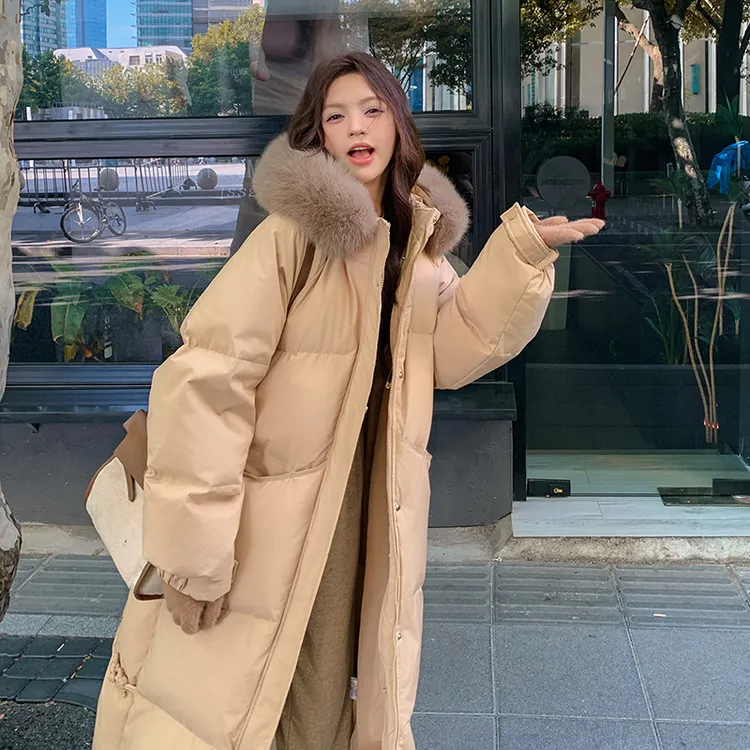 2024新款连帽加厚中长款大毛领羽绒棉服女显瘦外套冬季