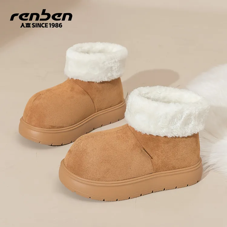 人本旗舰店大头雪地靴女款2024冬季新款时尚百搭短筒加绒保暖女靴
