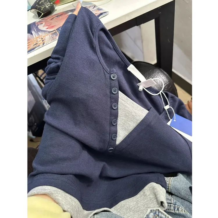 大码女装春秋季新款美式辣妹假两件长袖t恤修身显瘦遮肉上衣ins潮