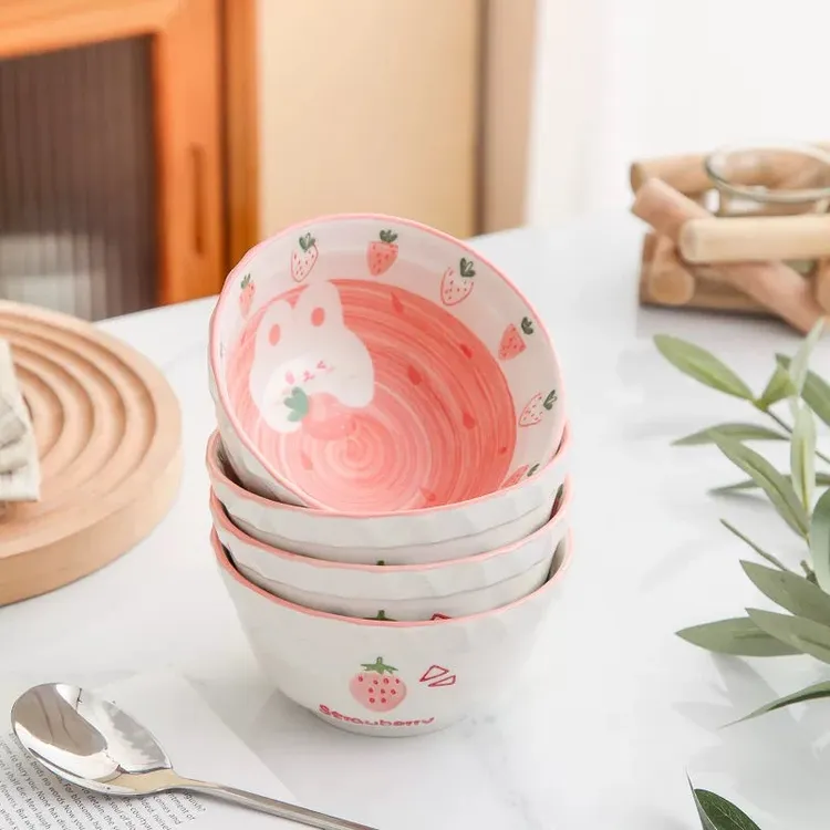 【草莓兔】4只5寸卡通可爱碗钻石碗米饭碗釉下彩家用陶瓷饭碗沙拉碗