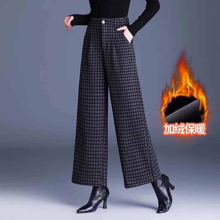复古加绒格子阔腿裤女新款秋冬款高腰垂坠感显瘦九分休闲裤子