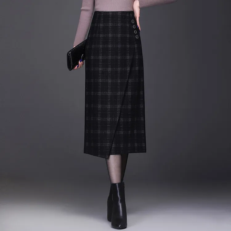 毛呢格子直筒裙女春秋中长款半身裙2025新款显瘦高腰包臀裙一步裙