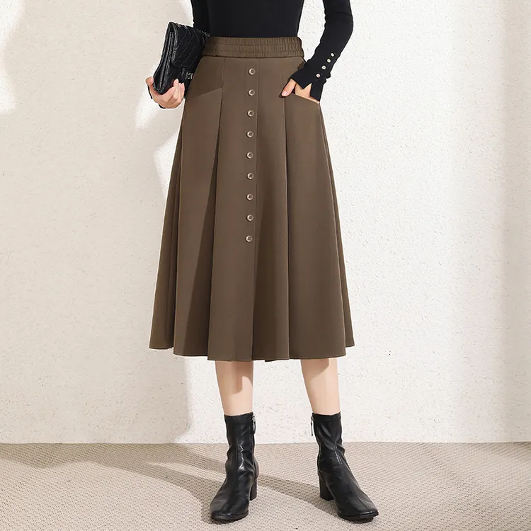 A字裙半身裙女休闲裙2024秋季新款高腰松紧腰中长款单排扣伞裙子