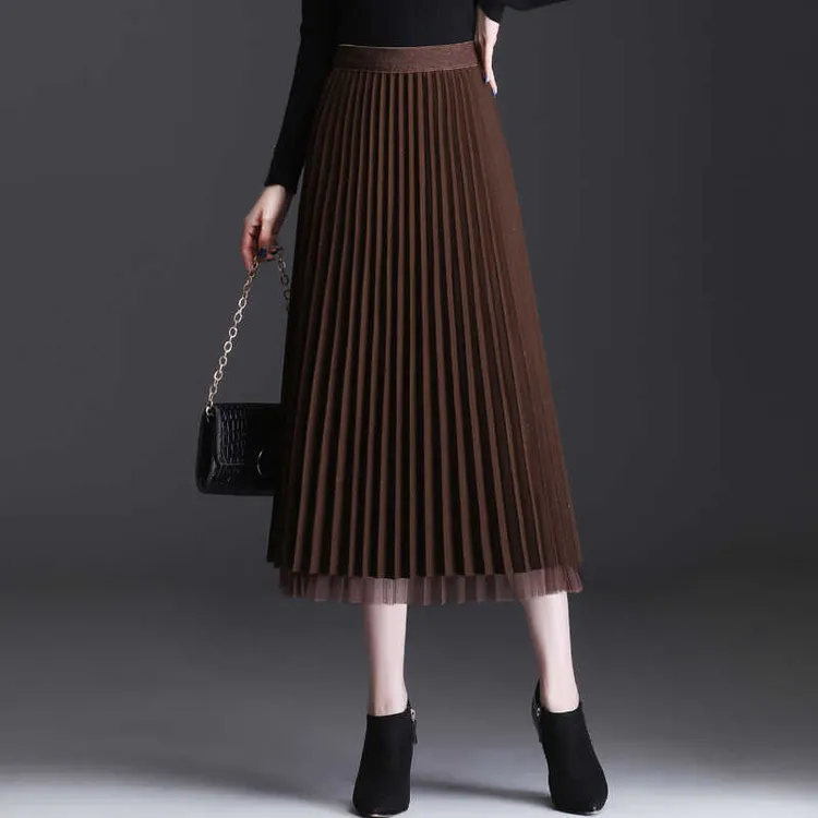 两面穿亮丝毛呢网纱裙百褶裙女秋冬新款显瘦中长款a字半身裙