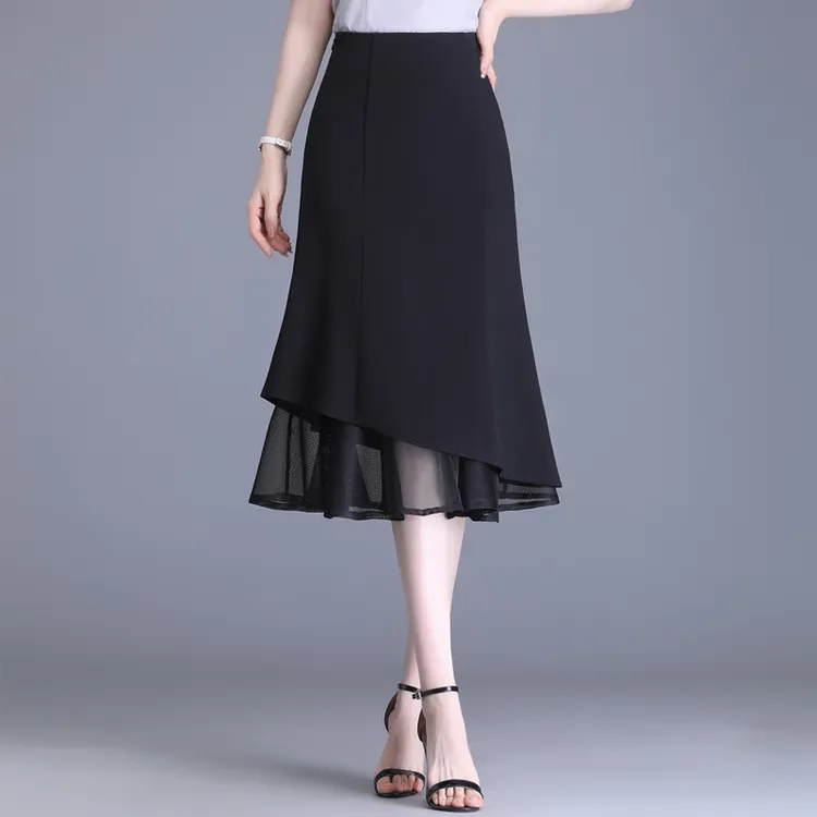 小个子网纱拼接鱼尾裙女2025夏季新款雪纺半身裙中长款显瘦包臀裙