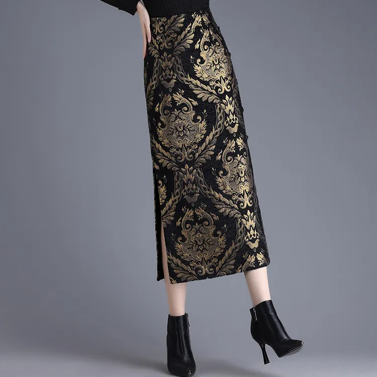 烫金印花包臀半身裙女秋冬新款高腰修身直筒裙中长开叉一步裙
