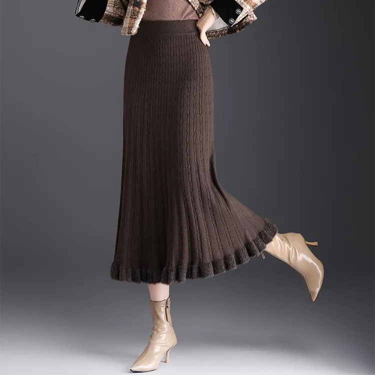 气质木耳边毛线裙子半身裙女秋冬2025新款高腰显瘦中长针织a字裙