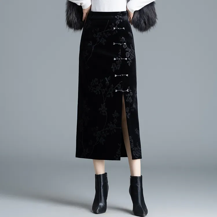 复古压花金丝绒半身裙女秋冬新款高腰开叉一步裙包臀中长裙子