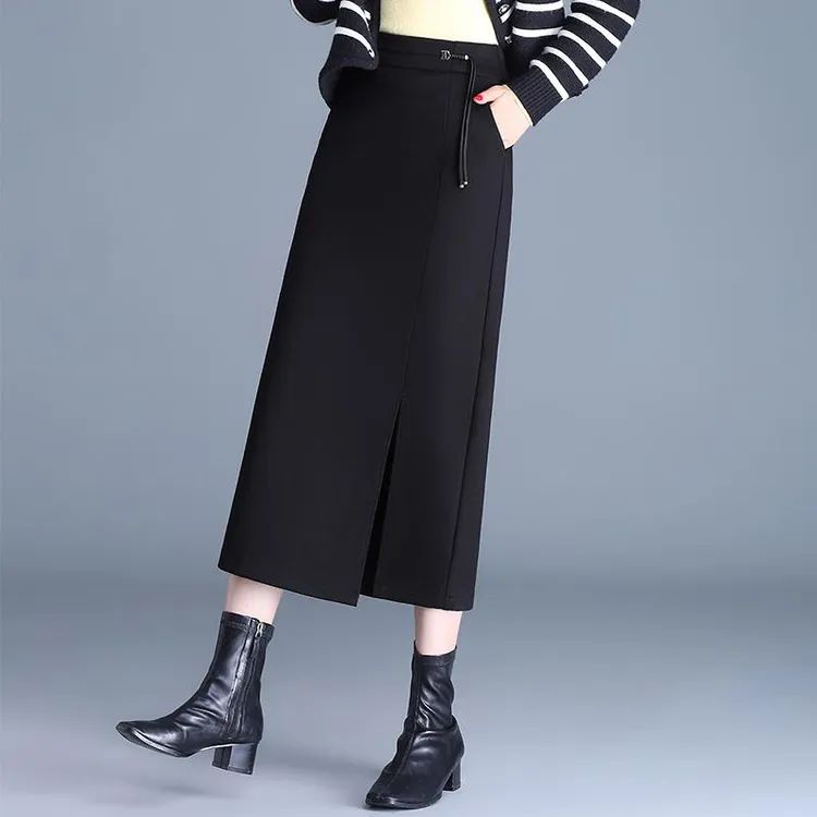 黑色开叉直筒裙子女秋冬2024新款高腰显瘦包臀半身裙中长款一步裙