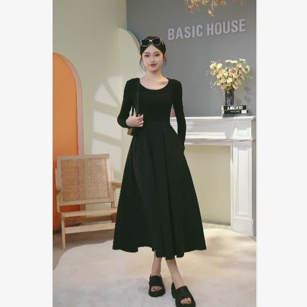 Basic House/百家好裙子法式黑色赫本风黑裙长袖修身女装连衣裙2