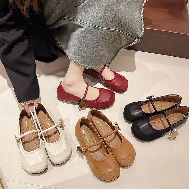 法式复古皮面软底百搭时尚春季方圆头平底女单鞋玛丽珍一字带鞋子