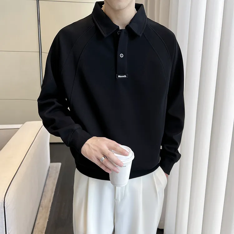 春秋季轻熟纯色简约宽松韩版长袖Polo衫痞帅潮流外穿休闲上衣